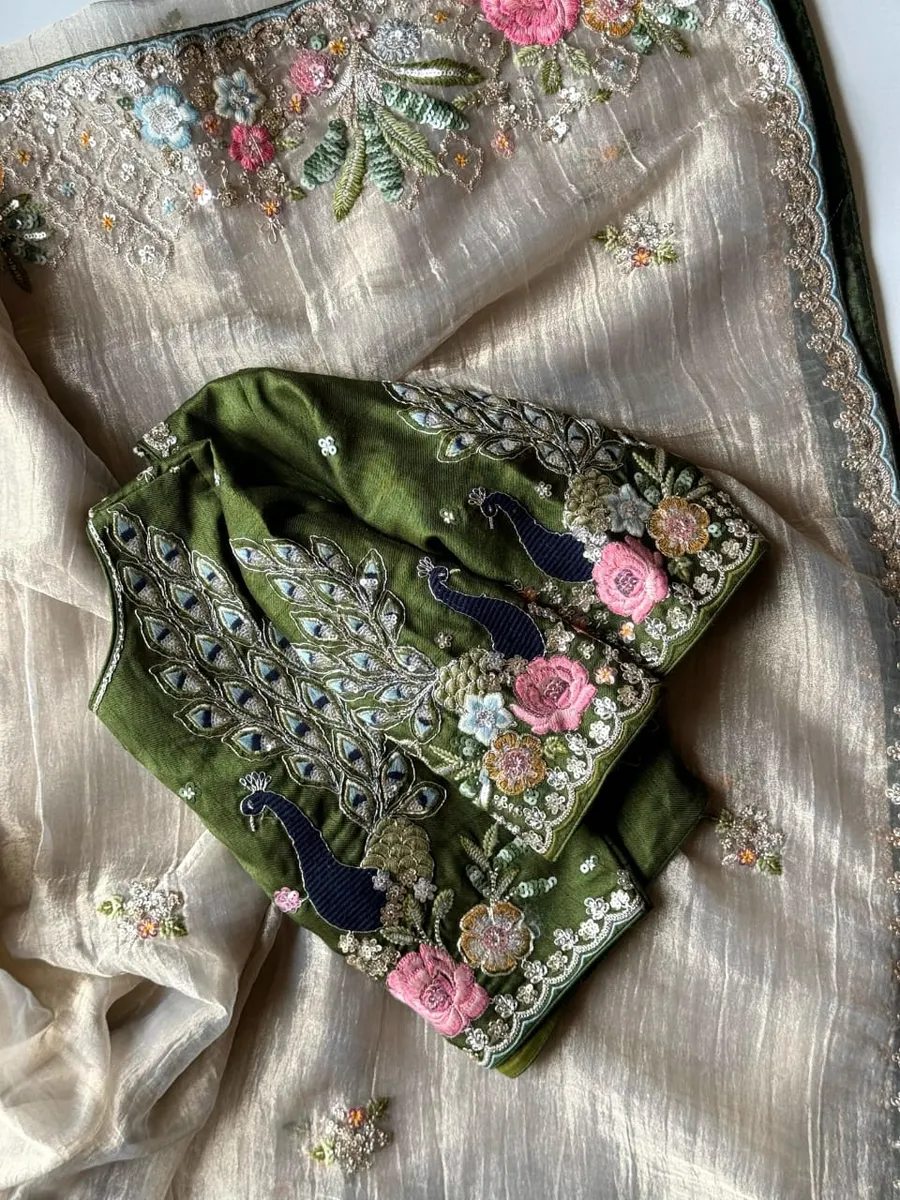 Premium Banarasi Crush Tissue Saree with Peacock Coding & Multicolour Sequin Work Saree